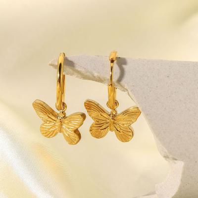 China TRENDY 18K Gold Plated Stainless Steel Butterfly Dangle Charm Earrings Butterfly Circle Earrings For Girls Women Unisex Jewelry for sale