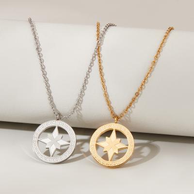 China TRENDY Gold Plated Disc Charm Stainless Steel North Star Compass Pendant Necklace For Men Jewelry Gift for sale