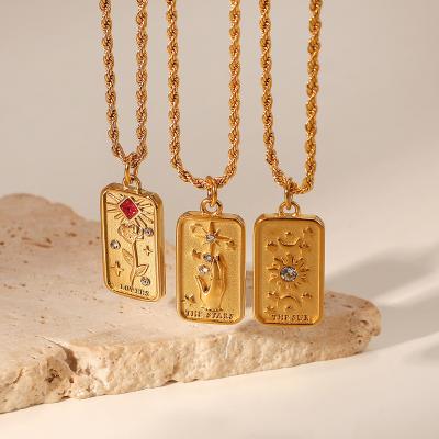 China Fashion Tarot Cards Vintage Zircon Necklace Rope Chain Square Sun Star Seal Lover Pendant Necklace For Women Men for sale