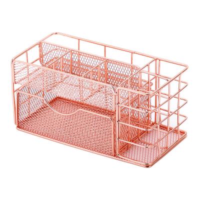 China Multifunctional Desktop 4 Compartments Metal Mesh Desk Organizer Office Storage Metal Pen Pencil Holder Trolley Pen Pencil Holder for sale