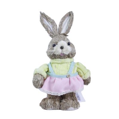 China Cute Straw Bunny Rabbit Toys Gifts Wholesale Handmade Artificial Easter Decoration Easter With Dress for sale