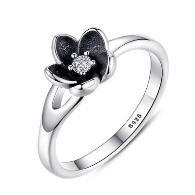 China New Collectible Authentic Mystic Floral Flower Starland CZ Stacking Ring Silver and Black Enamel 925 Sterling Silver Jewelry for sale