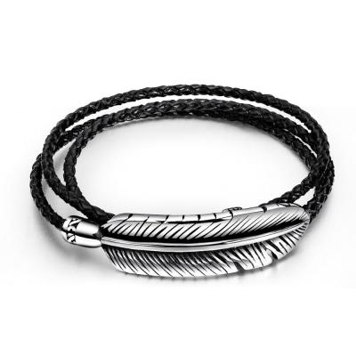 China CLASSIC European Style Feather Shaped Bracelet Stainless Steel Leather Jewelry For Men's STARLAND Jewelry for sale