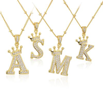 China Europe and America New Design Crown Letters Fashion Jewelry Brass Color Retention Gold Plated With Zircon A-Z Pendant Necklace For Women for sale