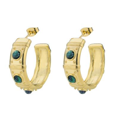 China Fashionable High Quality Stainless Steel Gold Plated Stone Retro Natural Non Allergic Jewelry Roman Style Hoop Earrings for sale