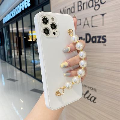 China Anti-fall Oil Shockproof Cover Phone Pearl Chain Lady Cell Phone Spray Case For For iphone 11 12 pro max for sale