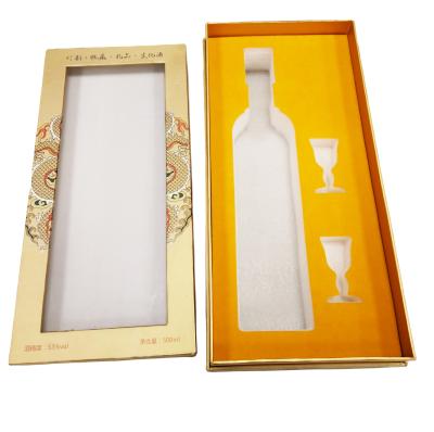 China Recyclable Sponge Bottle Shaped With Two Small Glass Cups Insert Paper Wine Packaging Boxes With Transparent Window for sale