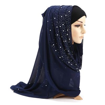 China Malaysia Popular Simple Bubble Pearl Chiffon Hijab With Stone Ceramic Shawl For Women Solid Color Scarf Long Soft Wrap for sale