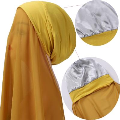 China 2022 High Quality Solid Smooth Soft Feeling Chiffon Instant Hijab Silk Hijab With Satin Cap Dubai Arabic Medina Hijab Silk Inner Par Lot Scarf for sale