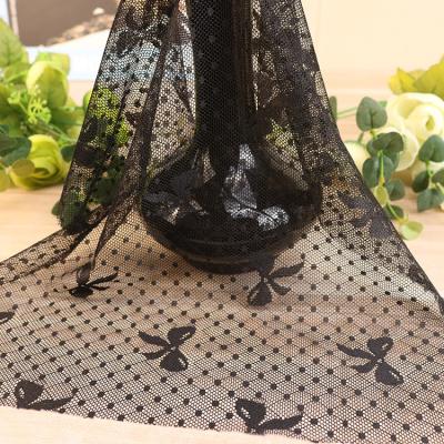 China Elastic Black Butterfly Design Knit French Swiss Voile Mesh Lace Fabric For Lady Dress for sale