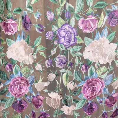 China Viable Mesh 3D Flower Lace Fabric Floral White Purple Embroidery For Dress for sale