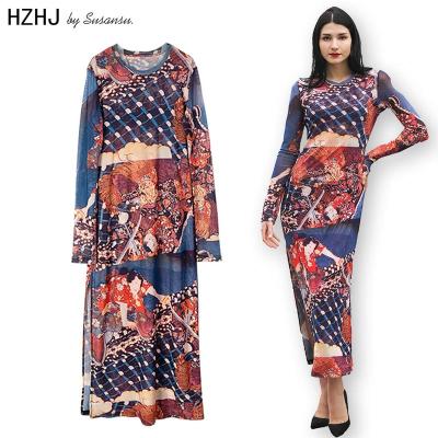 China Anti-wrinkle Customized Good Quality Women Dress Blue Fashion Pattern Polyester Fiber Women Dress for sale