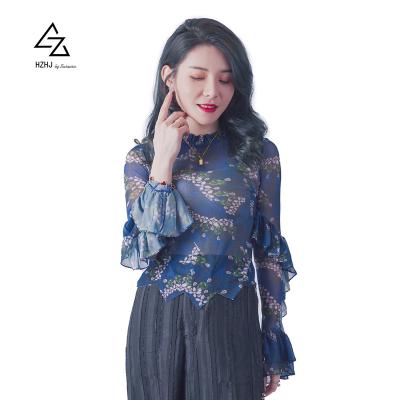 China 2022 Anti-Wrinkle Fashionable Summer Shirt Elegant Printed Women's Puff Sleeve Thick Sleeve Shirt Long for sale