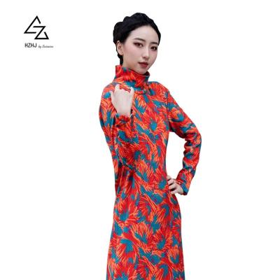 China Anti-Wrinkle Printed Pocket Shirts Dresses Long Sleeve Clothing Color Block Woman Printed Casual Dress for sale