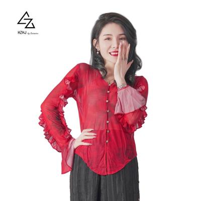 China 2022 Anti-Wrinkle Spring Top Fashionable Women V-Neck Blouse Long Sleeves Plus Size Vintage Blouse for sale