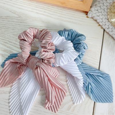 China Wholesale Hair Scrunchies Ponytail Holders Scarf Pleated Satin Scrunchies Women Hair Decoration Ladies Hair Bow Ribbon Scrunchies for sale