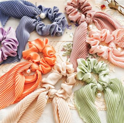 China Wholesale Pleated Satin Hair Scrunchies Bow Ribbon Scrunchies Scarf Ponytail Holders Hair Accessories Ladies Hair Decoration Women Long Large for sale