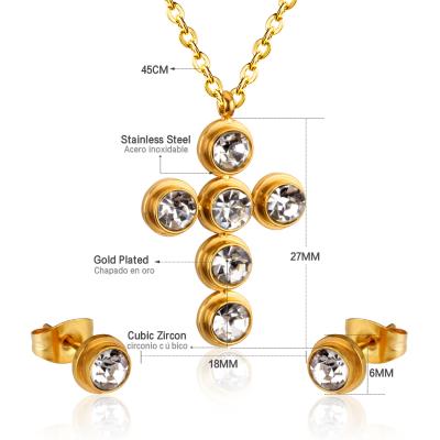 China Trendy Fashion Discount 18K Gold Plated Custom Zircon Earring Necklace Stainless Steel Jewelry Set For Women Girls for sale