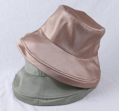 China New Wholesale PU Leather Bucket Hats Custom Factory Character BSCI Plain Satin Bucket Sun Hat for sale