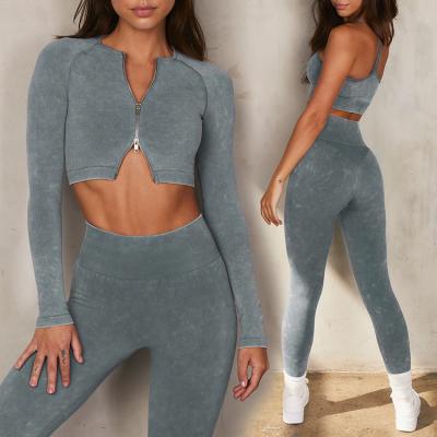 China 2021 Sands Washed Denim Breathable Seamless Knitted Yoga Set Double Zipper Sports Fitness Suit for sale