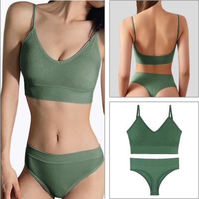 China Plain Dyed Cotton Women Underwear Sports Bra Set With Seamless Thin Straps for sale