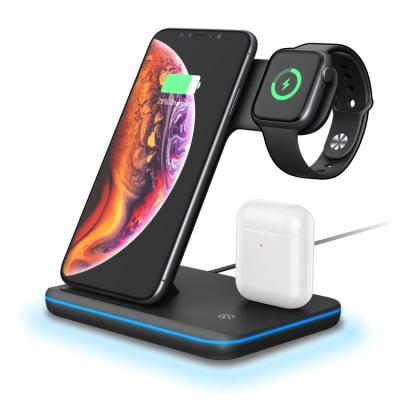 China Qi Amazon best-selling greatmiles phone earphone charger hot sales stand fast 3 in 1 charging dock 15w wireless charger station for sale