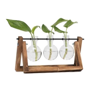 China Eco-friendly Material Light Bulb Vase With Vintage Wood And Metal Stand For Hydroponics Plants Rotating Rod For Home Decoration for sale