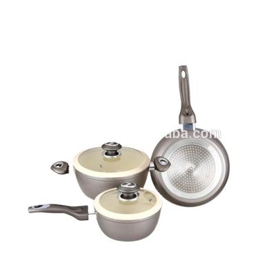 China Viable Set 16cm High Quality Aluminum Pots Bakelite Handle Tempered Glass Ceramic Lid Sauce Pots/24cm Frypan/20cm Cassrole for sale