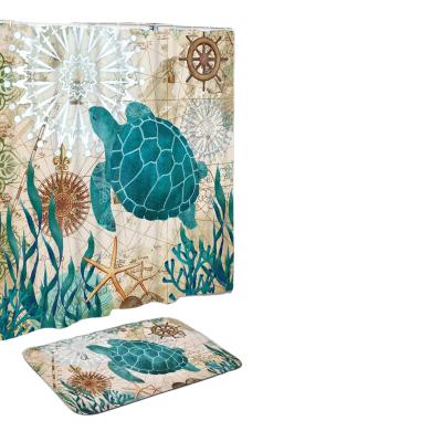 China Sustainable 4 Piece Turtle Shower Curtain Set With Non-Slip Mat, Toilet Seat And Bath Mat, Marine Shower Curtain With 12 Hooks, Bathroom for sale