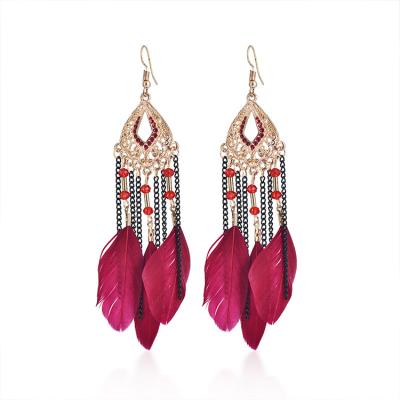 China New European and American Feather Bohemian Earrings Black Tassel Chain Drop Bohemian Earring for sale