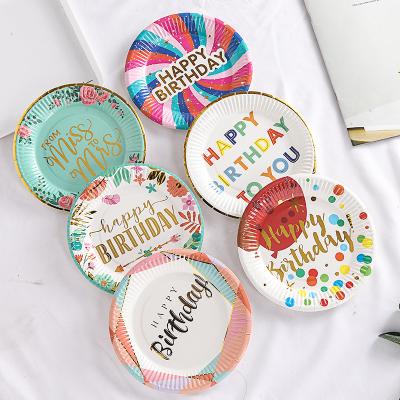 China Festival Decoration 7 Inch Happy Birthday Puck Birthday Party Festival Party Paper Cake Bronzing Birthday Party Supplies Disposable Dinner Plate for sale