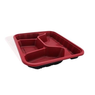 China Disposable Disposable Blister Packing Food Caterer Containers With Lids Plastic Red 4 Compartment PP Fully Customized Custom Accept for sale