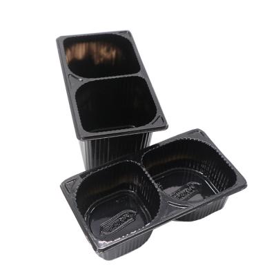 China Wholesale Disposable Black Plastic Cake Tray Disposable Wholesale Two Compartment PET Rectangle Snack Biscuit Good Price Two Packaging Containers for sale