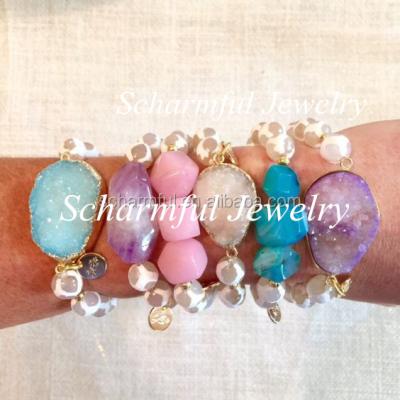 China Vintage BS190865 Boho Druzy Charm Nugget Stretch Bracelet Dzi Pink Stone Agate Beaded Stackable Bracelet for sale