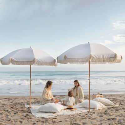 China Beach Umbrella Ready To Ship 2m Pure White Cotton Fabric Beach Umbrella Outdoor UV Protection With Fringe for sale