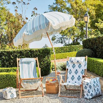 China Beach Umbrella Premium Blue Stripe 7ft Sun Crew Vacation Beach Umbrella Tassels Outdoor 7.5ft Umbrella With Fringe for sale