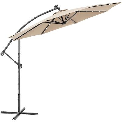 China Contemporary Outdoor UV Resistant Led Solar Lit Umbrella 10ft Patio Umbrella Garden Offset Solar Crank Open With Cross Base for sale