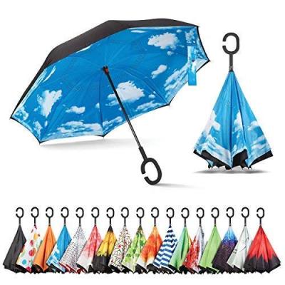 China 190t Double Layer Pongee Umbrella Moq Low Base Type Modern Reverse Auto Reverse Umbrella Car Windproof Inside Printing Canopy for sale