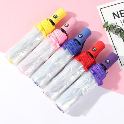 China Full Automatic 3 Folding 8 Rib Clear Windproof Women Gift Children's Full Automatic Open Portable Transparent Umbrella Customized Logo for sale