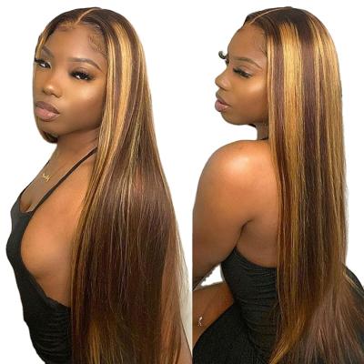 China Silky Straight Wave 30 Inches Highlighted Full Ends Honey Blonde Color Pre Plucked Hair Lace Front Wig For Women for sale