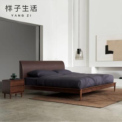 China Luxury Genuine Leather Wooden Bed Set Ergonomic Design Eco-friendly High Quality Red Oak Leather for sale