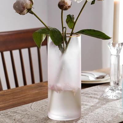 China Handmade Bixuan Vases Candle Holders Frosted Glass Centerpieces Rim Decor Pink Wedding Table Gold Translucent Cylinder Flower Vases 9.8