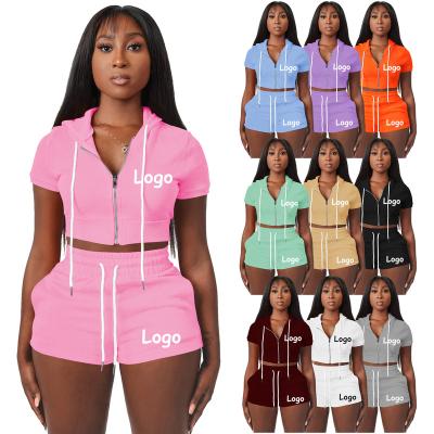 China Women Summer Anti-Static Tracksuit XS-XL Zip Up Jacket Biker Shorts Set Logo Custom Hooded Crop Top Two Piece Short Set Sportswear RS01299 for sale