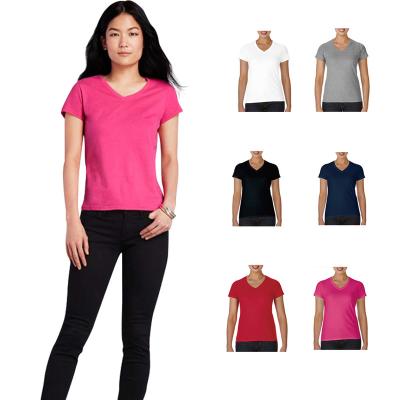 China Anti-Wrinkle Women's T-shirts Wholesale Blank Simple White Custom Printing Logo V-Neck Tee Shirts Casual Short Sleeves For Women RS00640 for sale