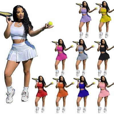 China Wholesale Anti-Static Two Piece Skirt Set Sexy Sports Invest Crop Upper High Waisted Ruffled Mini Short Skirt Outfits Pleated 2 Piece Skirt Set for sale