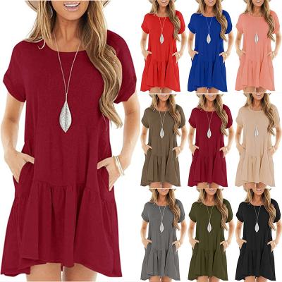 China Mini Dresses Crewneck Short Sleeve Summer Anti-static Casual T-shirt A Line Dress Ruffle Splicing Loose Swing Dress With Pocket RS01173 for sale