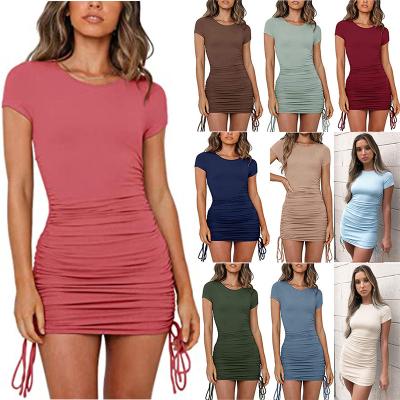 China Ladies Anti-Static Clothing Ruched Mini Dress Womens Bodycon Drawstring Short Sleeve Casual Ribbed T-shirt Sexy Tight Dress RS01172 for sale