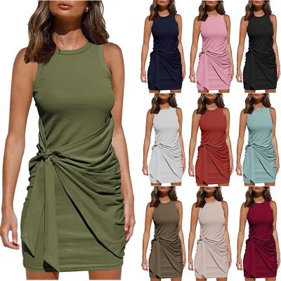 China Ladies Anti-Static Sexy Dresses Casual Bowknot Ruched Summer Wholesale Mini Club Dress Woman Sleeveless Irregular Slim Dress Cotton RS01171 for sale