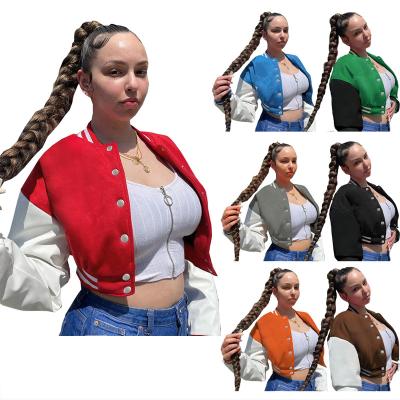 China Autumn fashion baseball jacket varsity style jacket anti-shrink sporty patchwork preppy crop top coats red bomber jacket for women RS01110 for sale