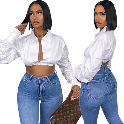 China Anti-pilling women's blouse white button ruched blouse shirts and shirts puff sleeve long sleeve fashion autumn clothing crop blouse S01105 for sale